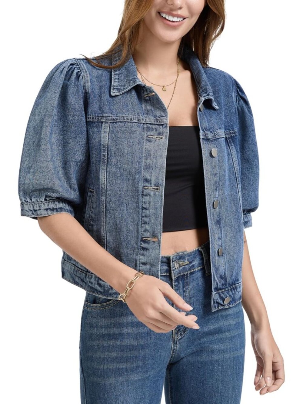 Women's Grey Blue Cropped Short Puff Sleeve Trendy Denim Jackets with Pockets - Picture 3 of 5
